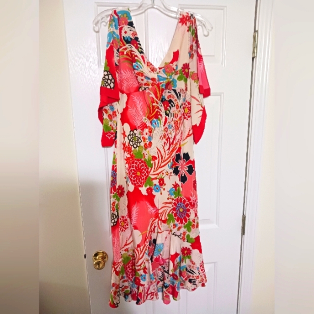 Sue Wong Pink Floral Print V-Neck Flutter Sleeve Dress